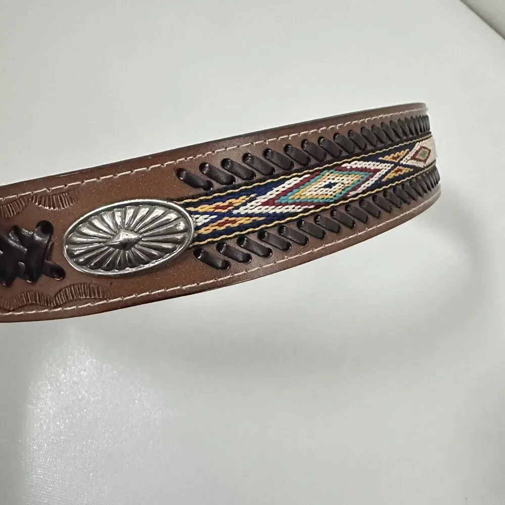 Western Belt Brown Man Made Concho Tooled Aztec Design Westerncore Cowboy 36